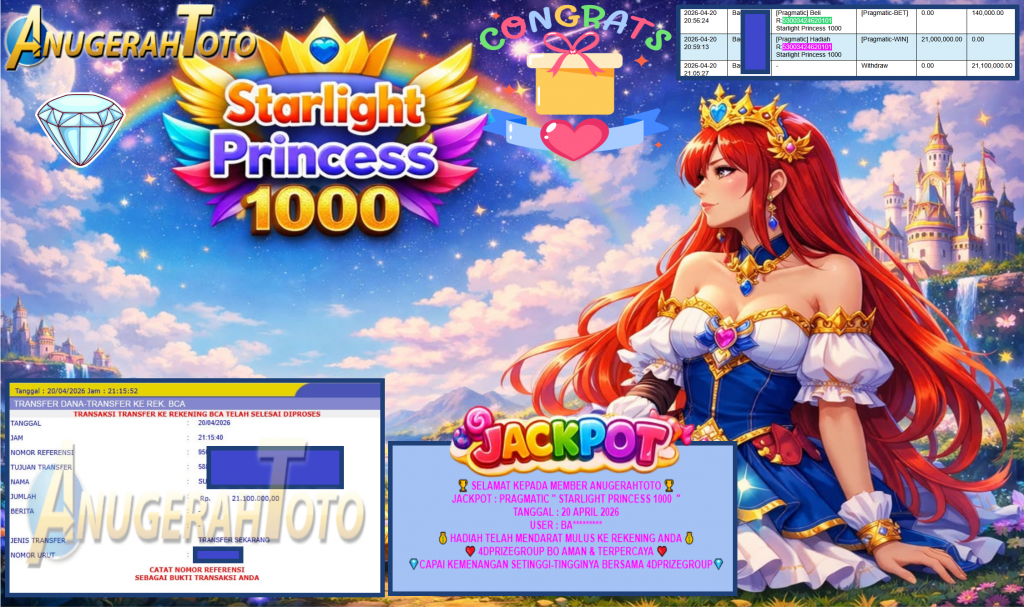 ANUGERAHTOTO JACKPOT PRAGMATIC “STARLIGHT PRINCESS 1000” Rp21.100.000,- LUNAS