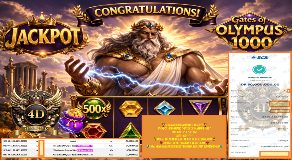 4DSUPER JACKPOT PRAGMATIC “GATES OF OLYMPUS 1000 ” Rp50.000.000,- LUNAS