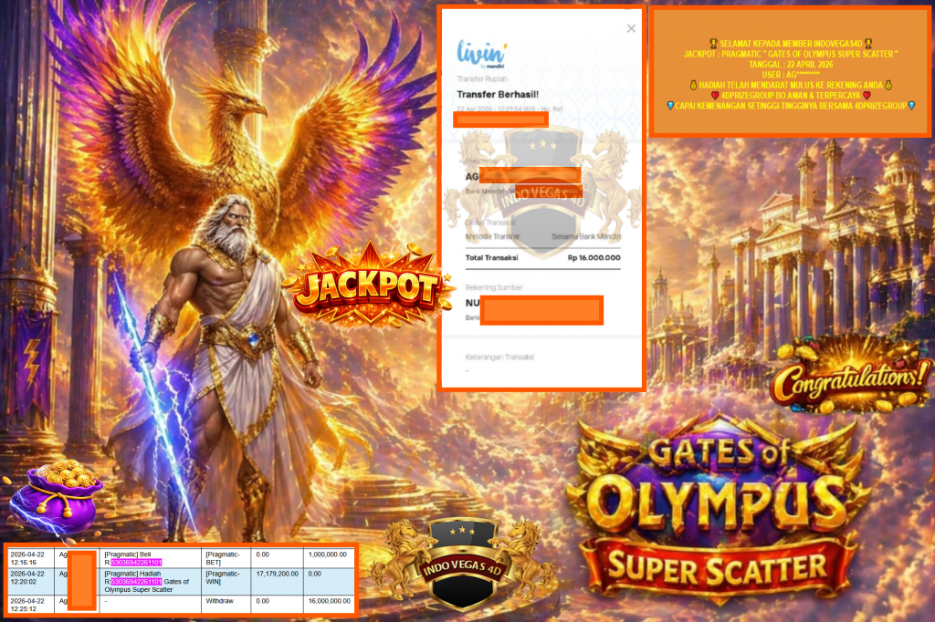 INDOVEGAS4D JACKPOT PRAGMATIC ”GATES OF OLYMPUS SUPER SCATTER” Rp16.000.000,- LUNAS