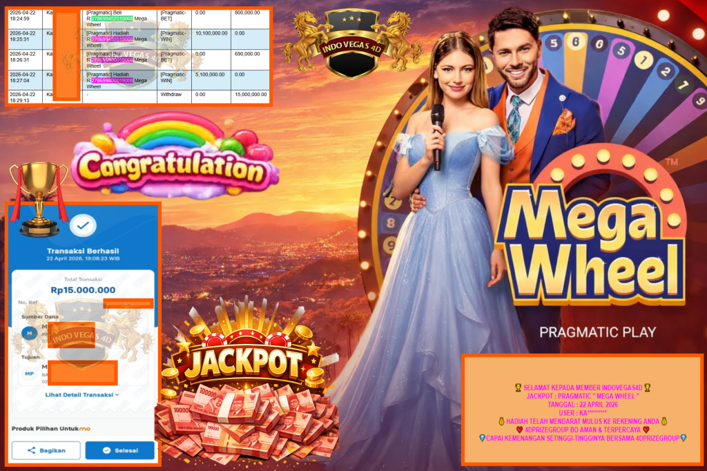 INDOVEGAS4D JACKPOT PRAGMATIC ”MEGA WHEEL” Rp15.000.000,- LUNAS
