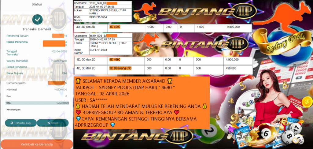 BINTANG4DP JACKPOT SYDNEY POOLS (TIAP HARI) ” 4690 ” Rp14.500.000,- LUNAS