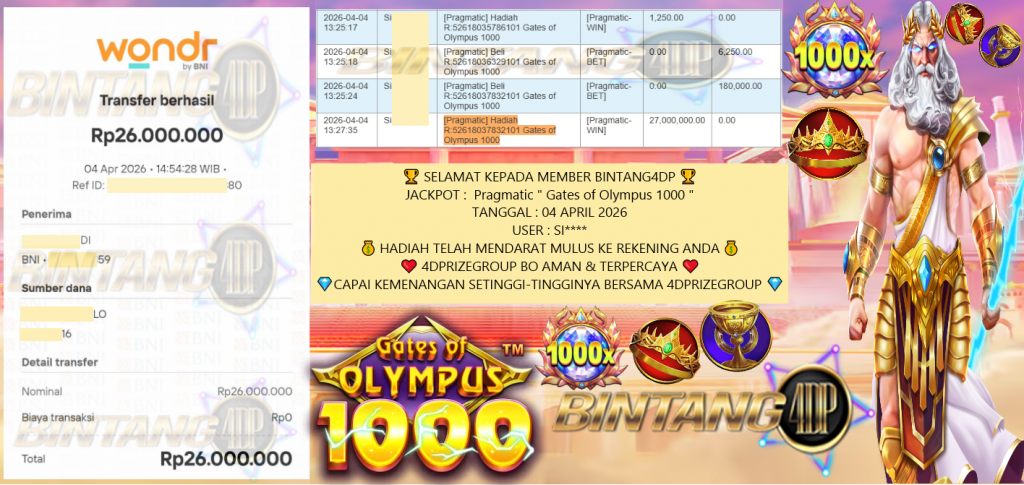 BINTANG4DP JACKPOT Pragmatic ” Gates of Olympus 1000 ” Rp26.000.000,- LUNAS