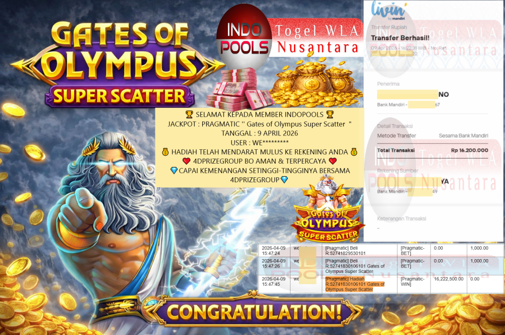 INDOPOOLS JACKPOT PRAGMATIC “Gates of Olympus Super Scatter”‎‏‏‎‎ Rp16.200.000,- LUNAS