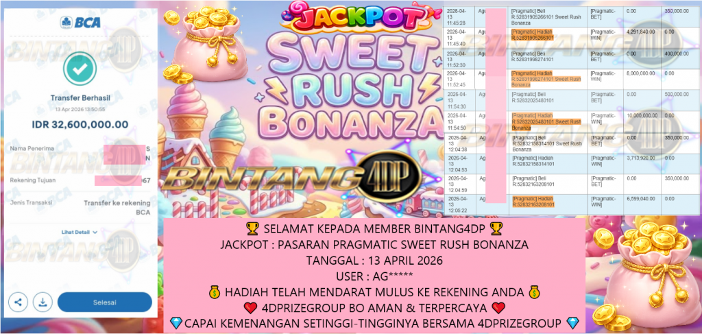 BINTANG4DP JACKPOT PRAGMATIC SWEET RUSH BONANZA Rp 32,600,000,- LUNAS