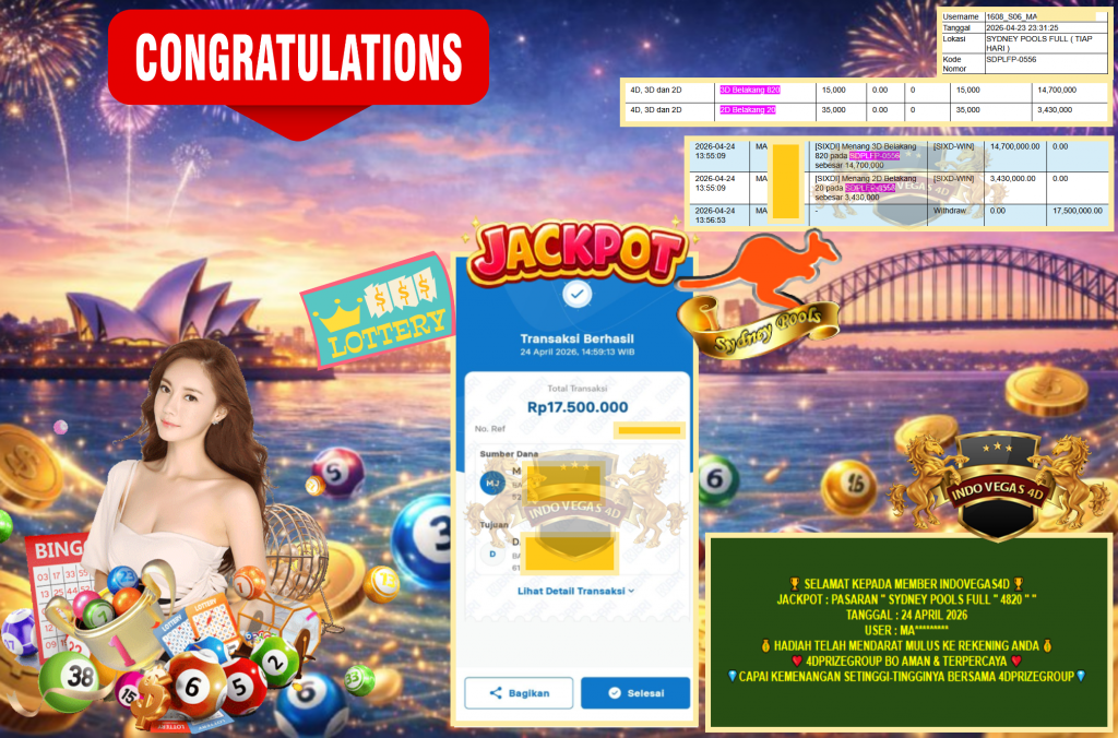INDOVEGAS4D JACKPOT PASARAN “SYDNEY POOLS FULL ” 4820 ” ” Rp17.500.000,- LUNAS
