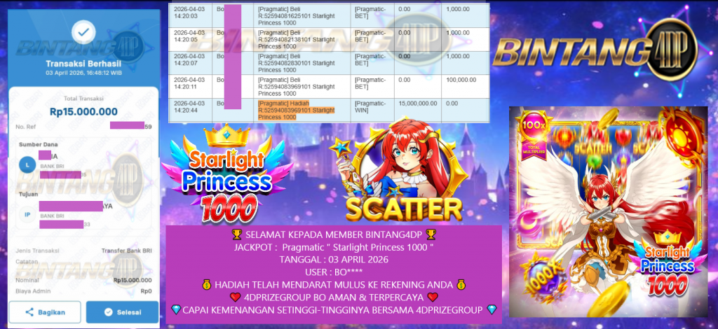 BINTANG4DP JACKPOT PRAGMATIC “Starlight Princess 1000″‎‏‏‎‎ Rp15.000.000,- LUNAS