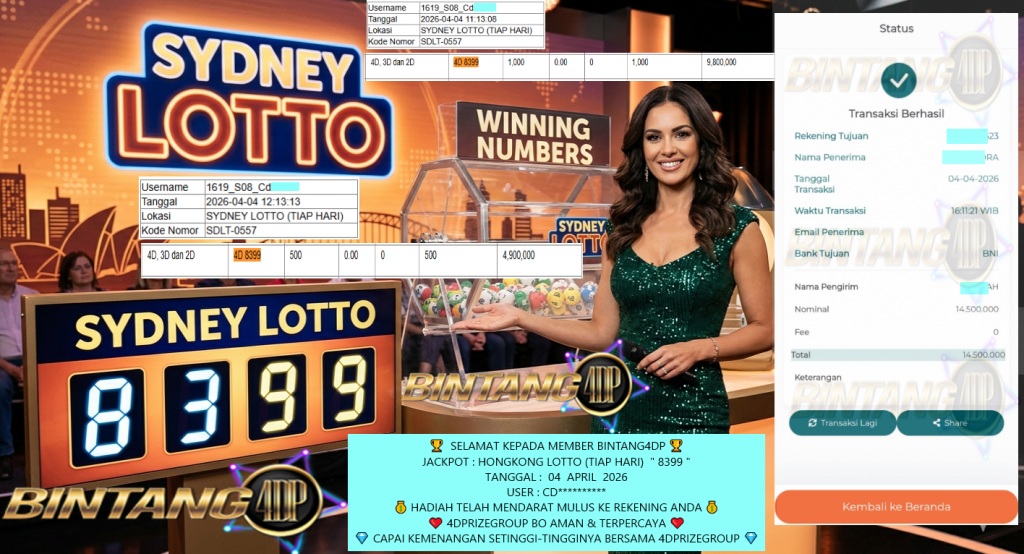 BINTANG4DP JACKPOT TOGEL SYDNEY LOTTO (TIAP HARI) ” 8399 ” Rp14.500.000,- LUNAS