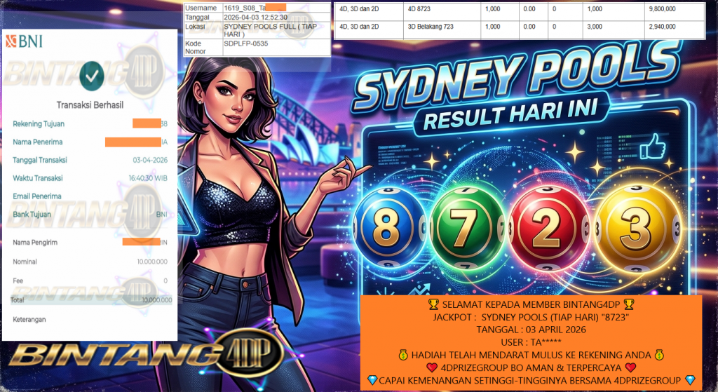BINTANG4DP JACKPOT TOGEL SYDNEY POOLS (TIAP HARI) “8723” Rp10.000.000,- LUNAS