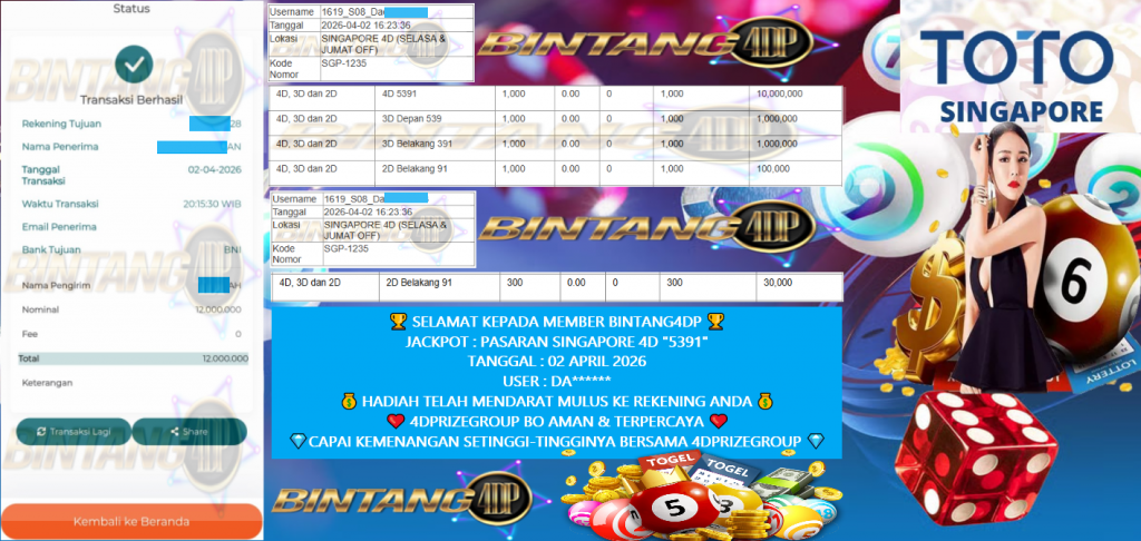BINTANG4DP JACKPOT TOGEL PASARAN SINGAPORE 4D “5391” Rp12.000.000,- LUNAS