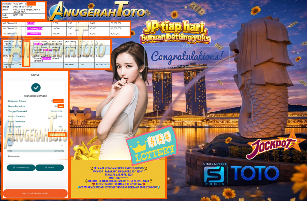 ANUGERAHTOTO JACKPOT PASARAN “SINGAPORE 4D ” 9950 ” “ Rp40.500.000,- LUNAS