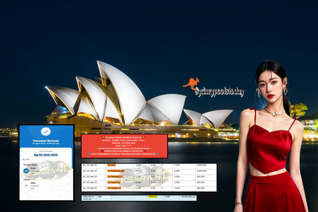 AKSARA4D JACKPOT SYDNEY POOLS (TIAP HARI) ” 3441 ” Rp15.000.000,- LUNAS