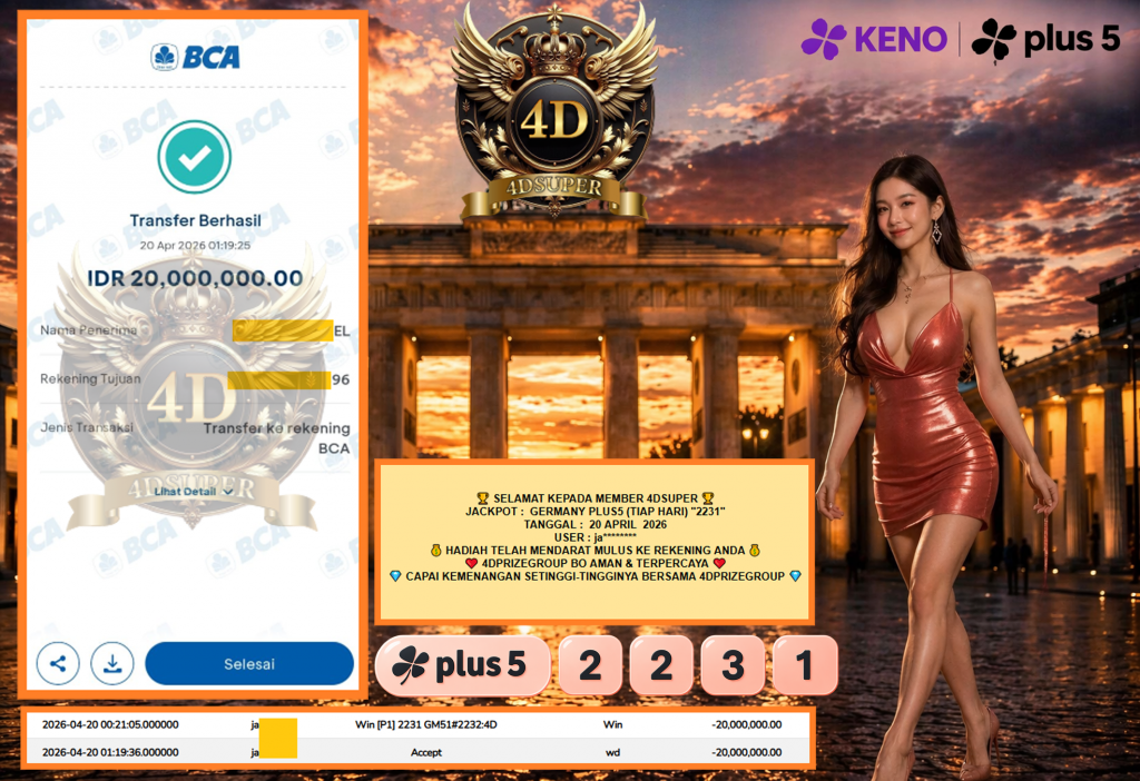 4DSUPER JACKPOT GERMANY PLUS5 (TIAP HARI) “2231” Rp20.000.000,- LUNAS