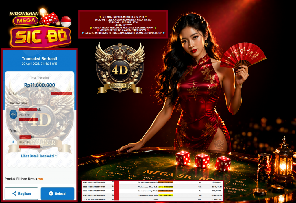4DSUPER JACKPOT LIVE CASINO INDONESIAN MEGA SIC BO Rp11.000.000,- LUNAS