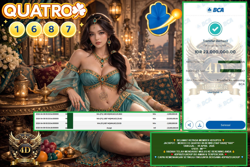4DSUPER JACKPOT PASARAN MOROCCO QUATRO 00:00 WIB (TIAP HARI) “1687” Rp23.000.000,- LUNAS