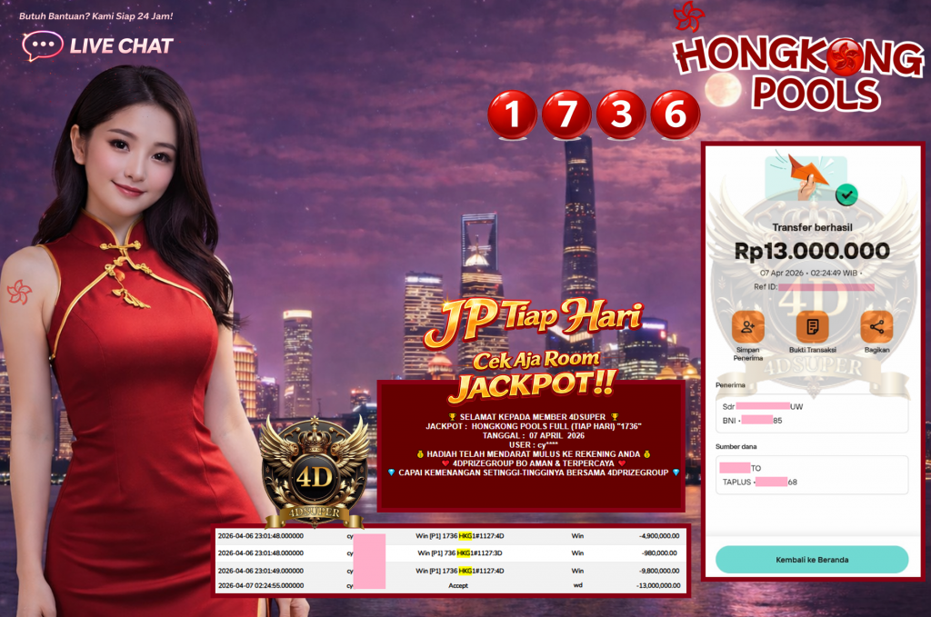 4DSUPER JACKPOT HONGKONG POOLS FULL (TIAP HARI) “1736”‎‏‏‎ Rp13.000.000,- LUNAS