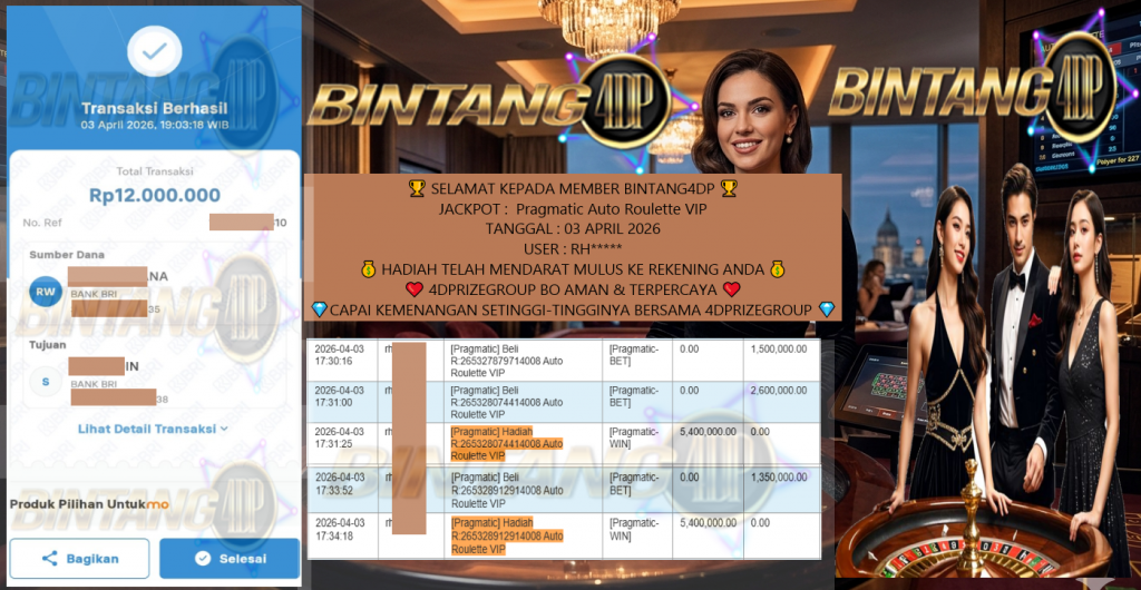 BINTANG4DP JACKPOT Pragmatic Auto Roulette VIP Rp12.000.000,- LUNAS