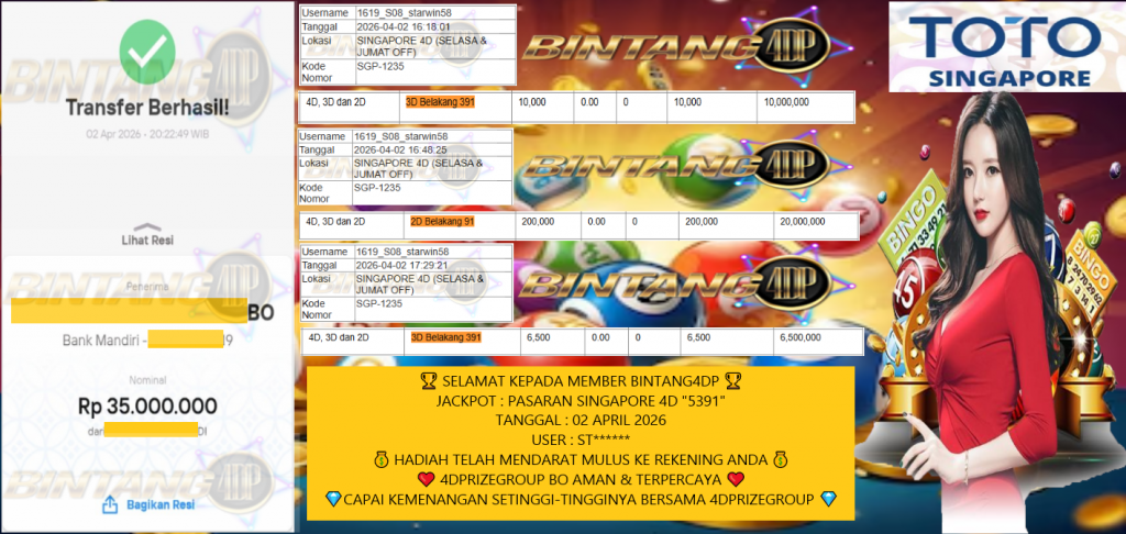 BINTANG4DP JACKPOT TOGEL PASARAN SINGAPORE 4D “5391” Rp35.000.000,- LUNAS