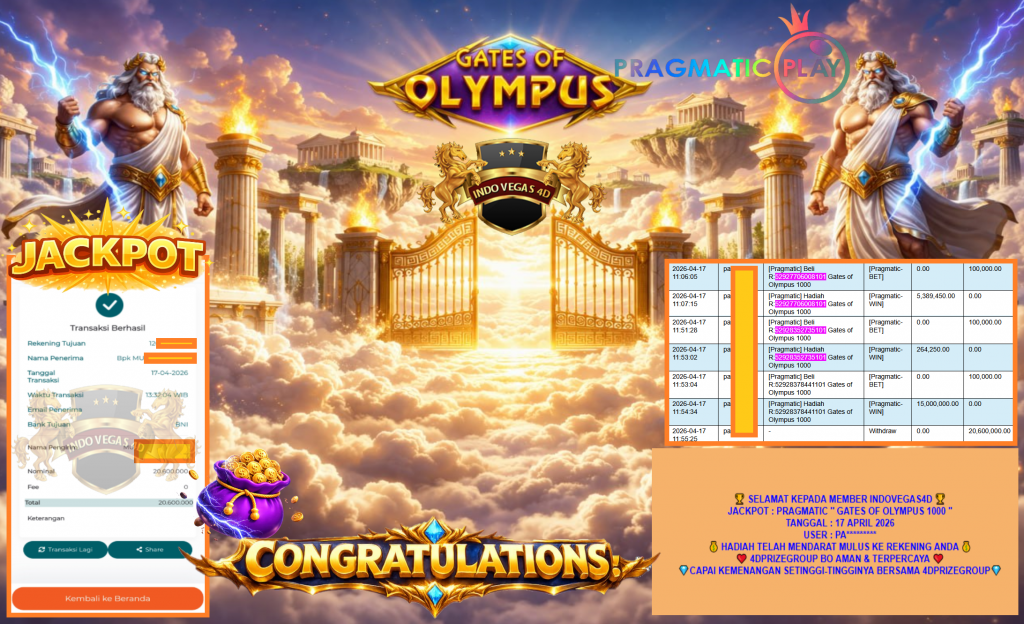 INDOVEGAS4D JACKPOT PRAGMATIC ”GATES OF OLYMPUS 1000“‎‏‏‎‎ Rp.20.600.000,- LUNAS