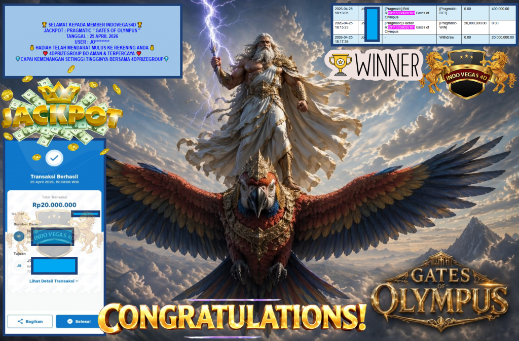 INDOVEGAS4D JACKPOT PRAGMATIC “GATES OF OLYMPUS“ Rp20.000.000,- LUNAS