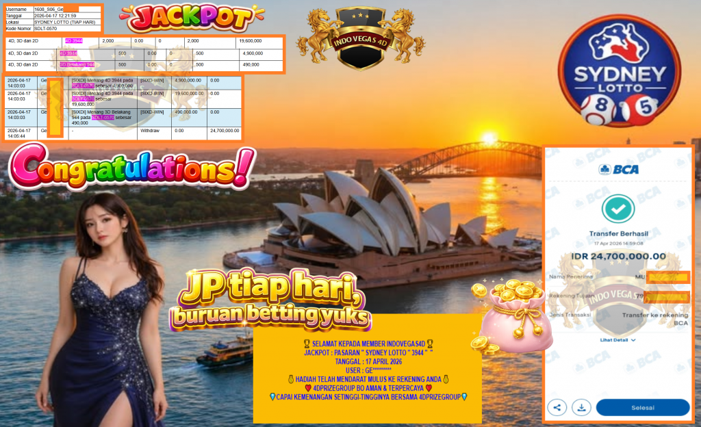 INDOVEGAS4D JACKPOT PASARAN ”SYDNEY LOTTO ” 3944 ” “‎‏‏‎‎ Rp.24.700.000,- LUNAS