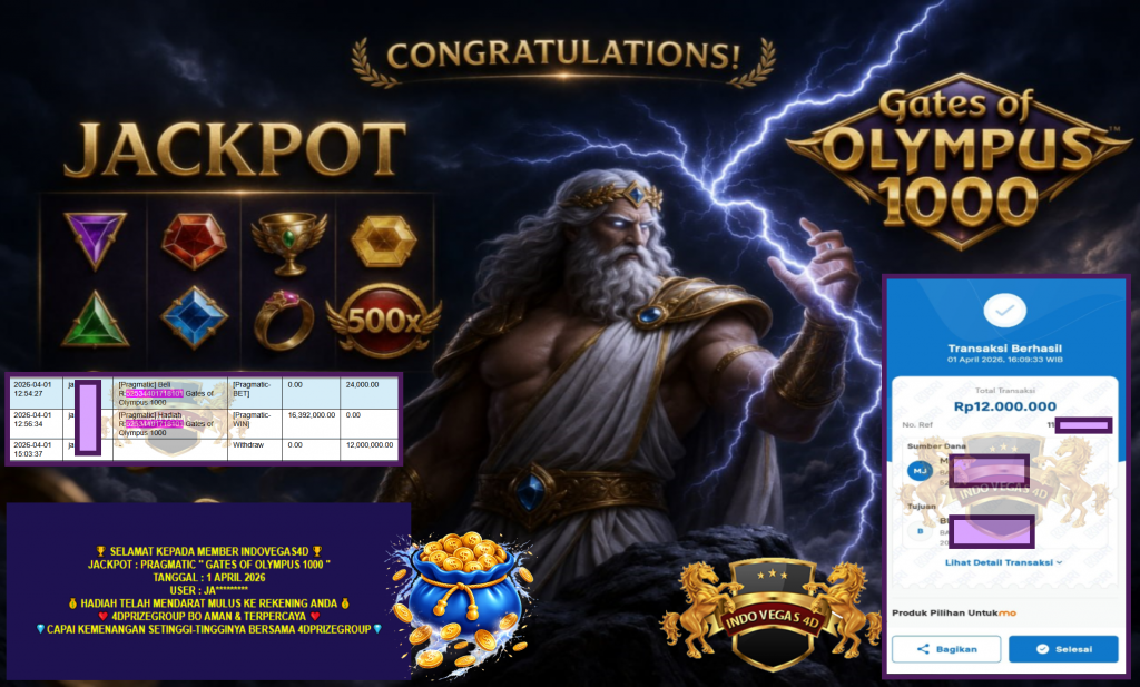 INDOVEGAS4D JACKPOT PRAGMATIC “GATES OF OLYMPUS 1000”‎‏‏‎‎ Rp12.000.000,- LUNAS