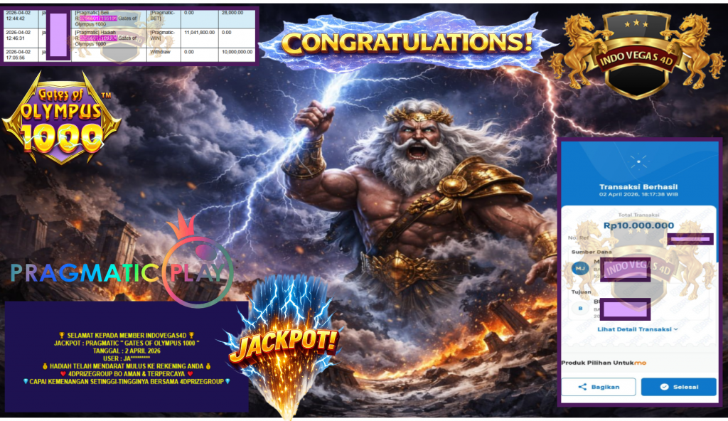INDOVEGAS4D JACKPOT PRAGMATIC ”GATES OF OLYMPUS 1000” Rp 10,000,000,- LUNAS
