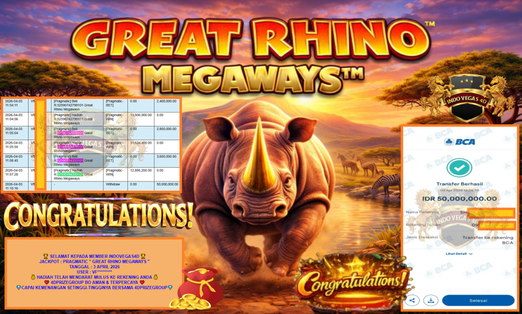 INDOVEGAS4D JACKPOT PRAGMATIC “GREAT RHINO MEGAWAYS″‎‏‏‎‎ Rp50.000.000,- LUNAS