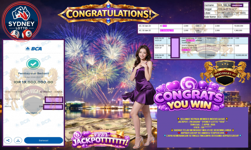INDOVEGAS4D JACKPOT PASARAN SYDNEY LOTTO “1036”‎‏‏‎ Rp19.000.000,- LUNAS