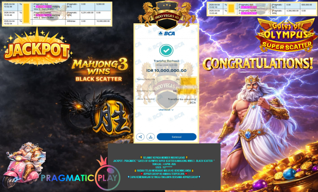 INDOVEGAS4D JACKPOT PRAGMATIC ”GATES OF OLYMPUS SUPER SCATTER & MAHJONG WINS 3 – BLACK SCATTER” Rp10.000.000,- LUNAS