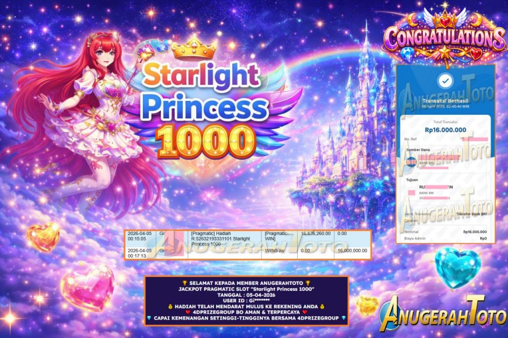 ANUGERAHTOTO JACKPOT PRAGMATIC Starlight Princess 1000 Rp16.000.000,- LUNAS