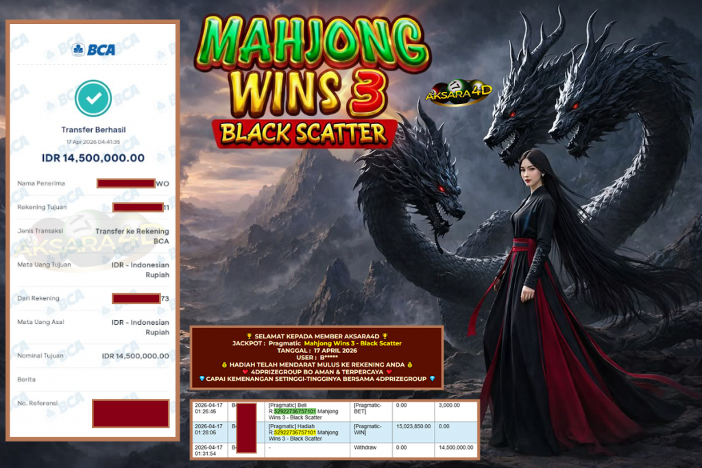 AKSARA4D JACKPOT PRAGMATIC ” Mahjong Wins 3 – Black Scatter ” Rp 14.500.000,- LUNAS