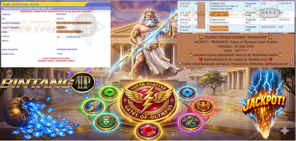 BINTANG4DP JACKPOT PRAGMATIC Gates of Olympus Super Scatter Rp30.000.000,- LUNAS