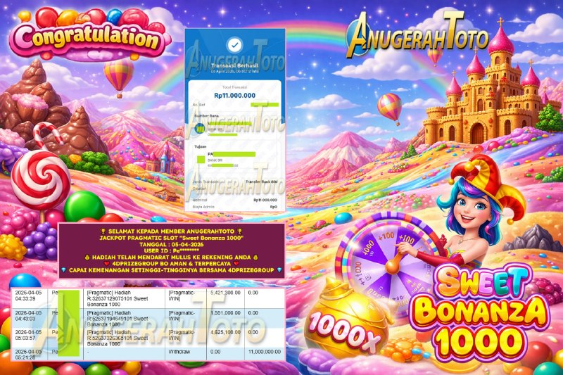 ANUGERAHTOTO JACKPOT PRAGMATIC “Sweet Bonanza 1000” Rp11.000.000,- LUNAS