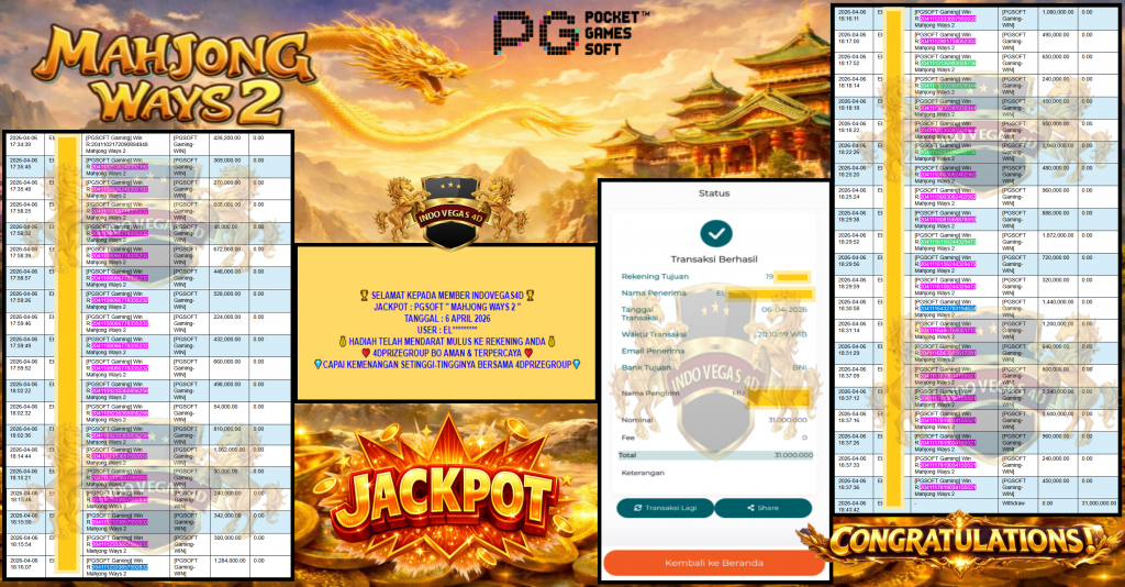 INDOVEGAS4D JACKPOT PGSOFT ”MAHJONG WAYS 2” Rp 31,000,000,- LUNAS