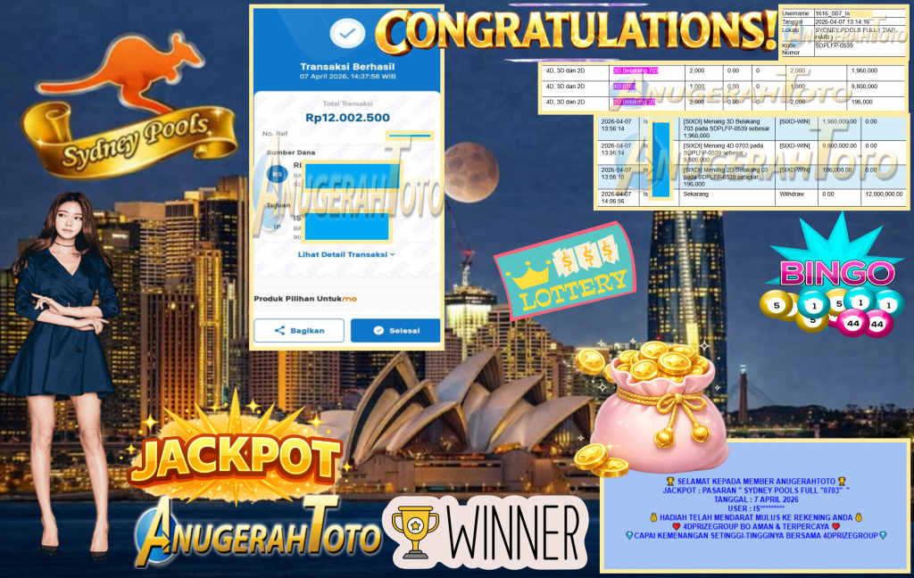ANUGERAHTOTO JACKPOT PASARAN ”SYDNEY POOLS FULL “0703” ” Rp12,000,000,- LUNAS