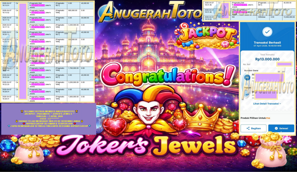 ANUGERAHTOTO JACKPOT PRAGMATIC ”JOKER’S JEWELS” Rp 13,000,000,- LUNAS