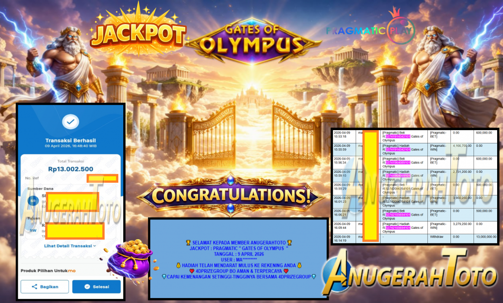 ANUGERAHTOTO JACKPOT PRAGMATIC “GATES OF OLYMPUS″‎‏‏‎‎ Rp13.000.000,- LUNAS