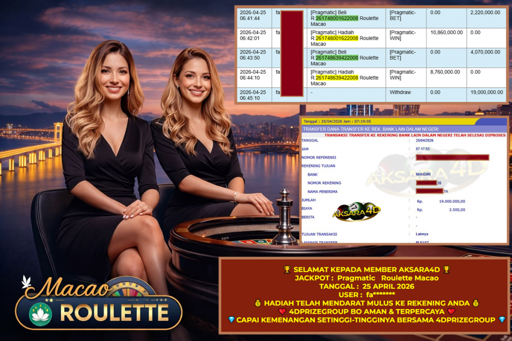 AKSARA4D JACKPOT PRAGMATIC ” Roulette Macao ” Rp 19.000.000,- LUNAS