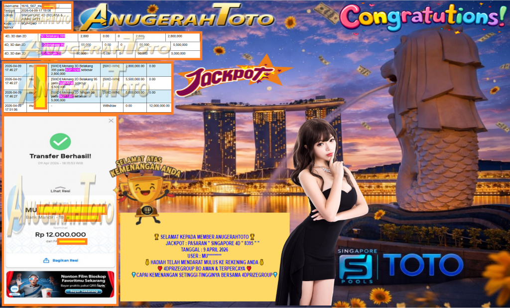 ANUGERAHTOTO JACKPOT PASARAN “SINGAPORE 4D ” 8395 ” ″‎‏‏‎‎ Rp12.000.000,- LUNAS
