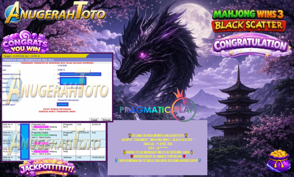 ANUGERAHTOTO JACKPOT PRAGMATIC “MAHJONG WINS 3 – BLACK SCATTER” Rp10,000,000,- LUNAS