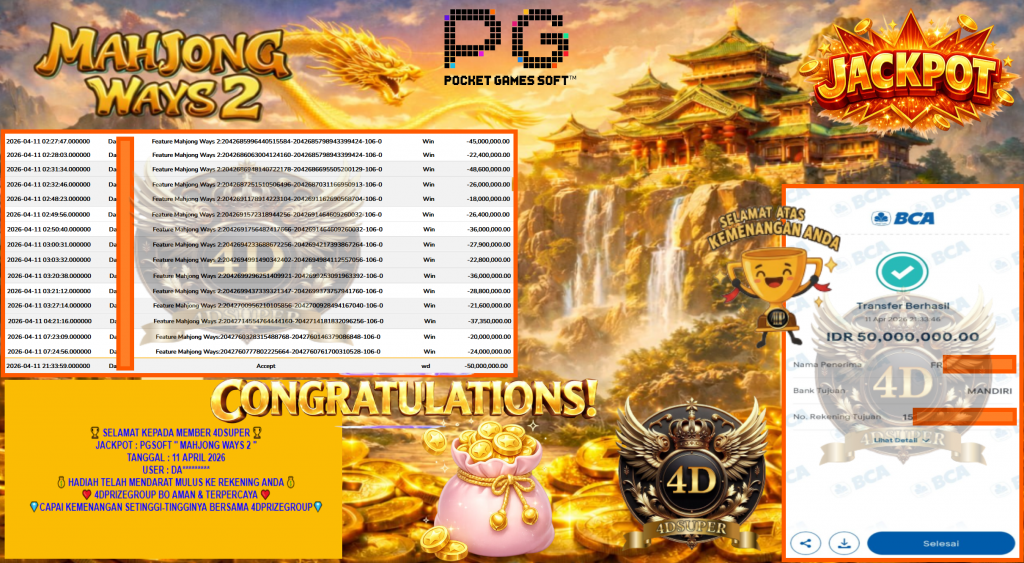 4DSUPER JACKPOT PGSOFT “MAHJONG WAYS 2” Rp415,000,000,- LUNAS
