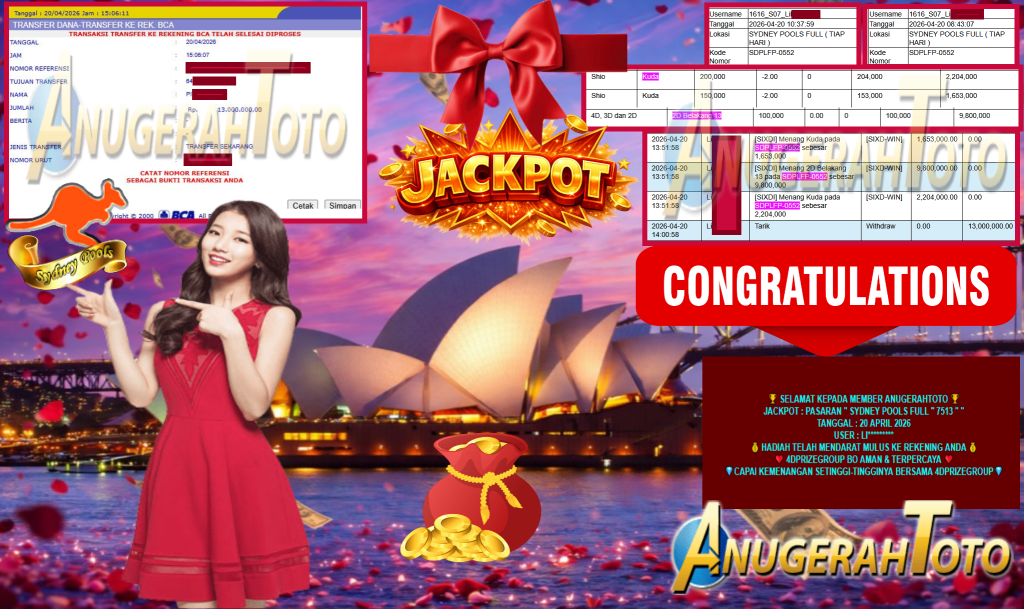 ANUGERAHTOTO JACKPOT PASARAN “SYDNEY POOLS FULL ” 7513 ” ” Rp13.000.000,- LUNAS