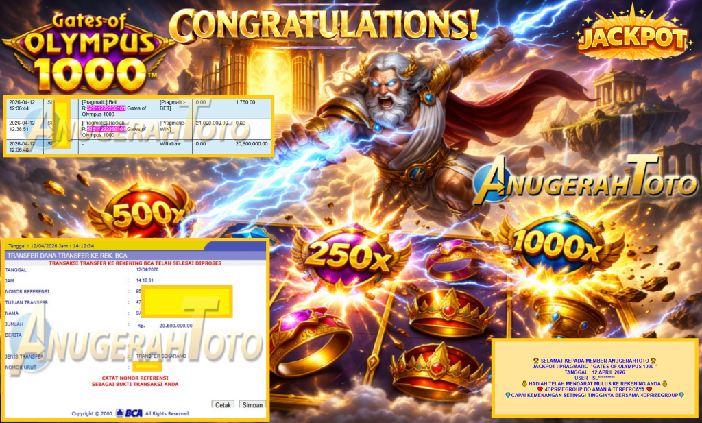 ANUGERAHTOTO JACKPOT PRAGMATIC ”GATES OF OLYMPUS 1000” Rp20,800,000,- LUNAS