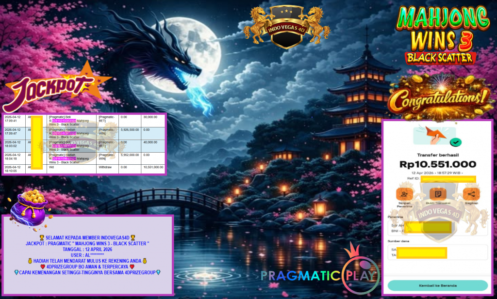 INDOVEGAS4D JACKPOT PRAGMATIC ”MAHJONG WINS 3 – BLACK SCATTER” Rp10,551,000,- LUNAS