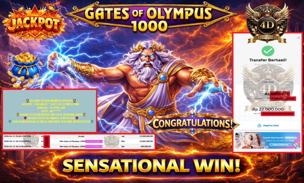 4DSUPER JACKPOT PRAGMATIC ”GATES OF OLYMPUS 1000” Rp22,000,000,- LUNAS