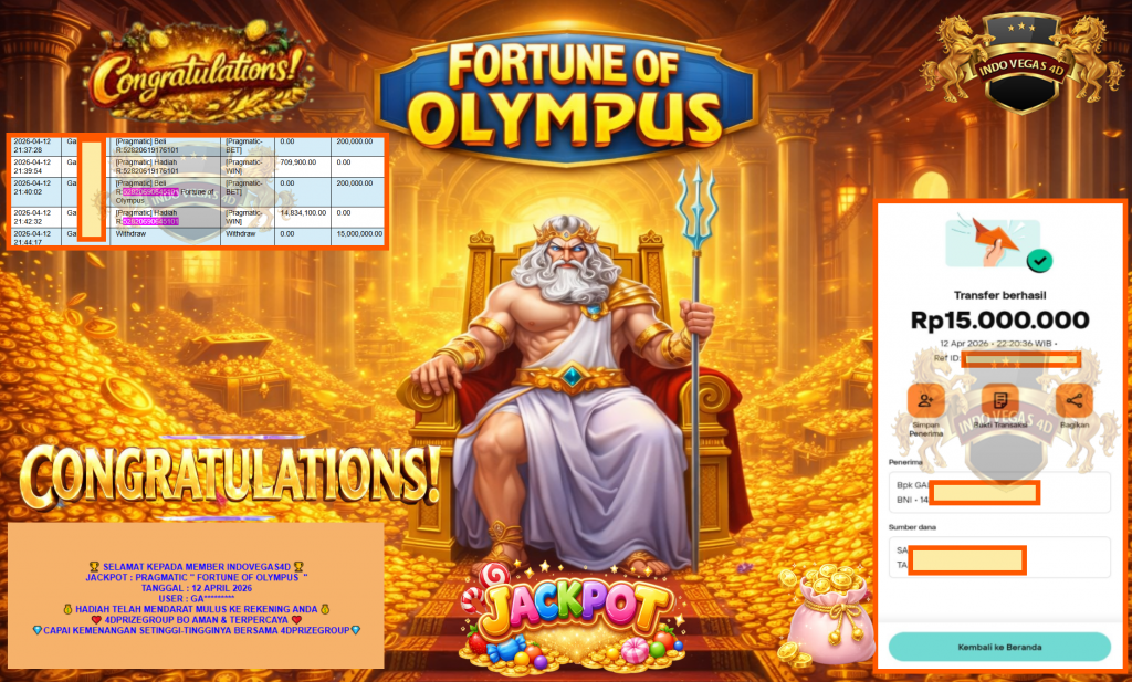 INDOVEGAS4D JACKPOT PRAGMATIC ”FORTUNE OF OLYMPUS” Rp15,000,000,- LUNAS