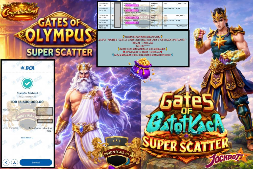 INDOVEGAS4D JACKPOT PRAGMATIC “GATES OF OLYMPUS SUPER SCATTER & GATES OF GATOT KACA SUPER SCATTER” Rp16,500,000,- LUNAS