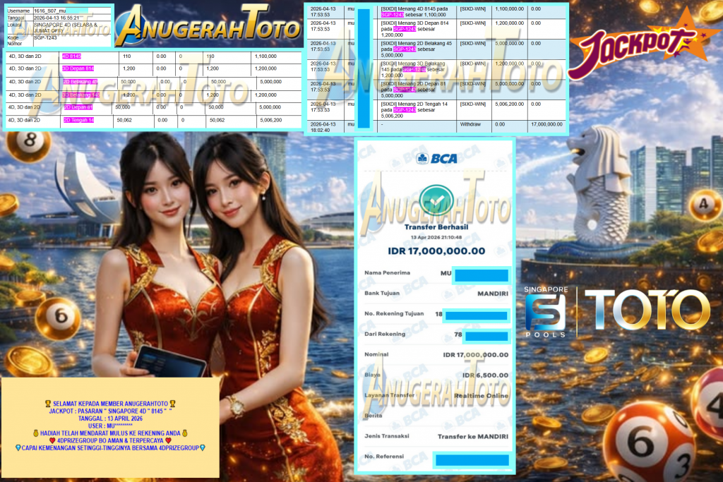 ANUGERAHTOTO JACKPOT PASARAN ”SINGAPORE 4D” 8145″ ” Rp17,000,000,- LUNAS