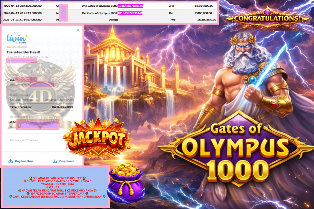 4DSUPER JACKPOT PRAGMATIC ”GATES OF OLYMPUS 1000” Rp16,300,000,- LUNAS