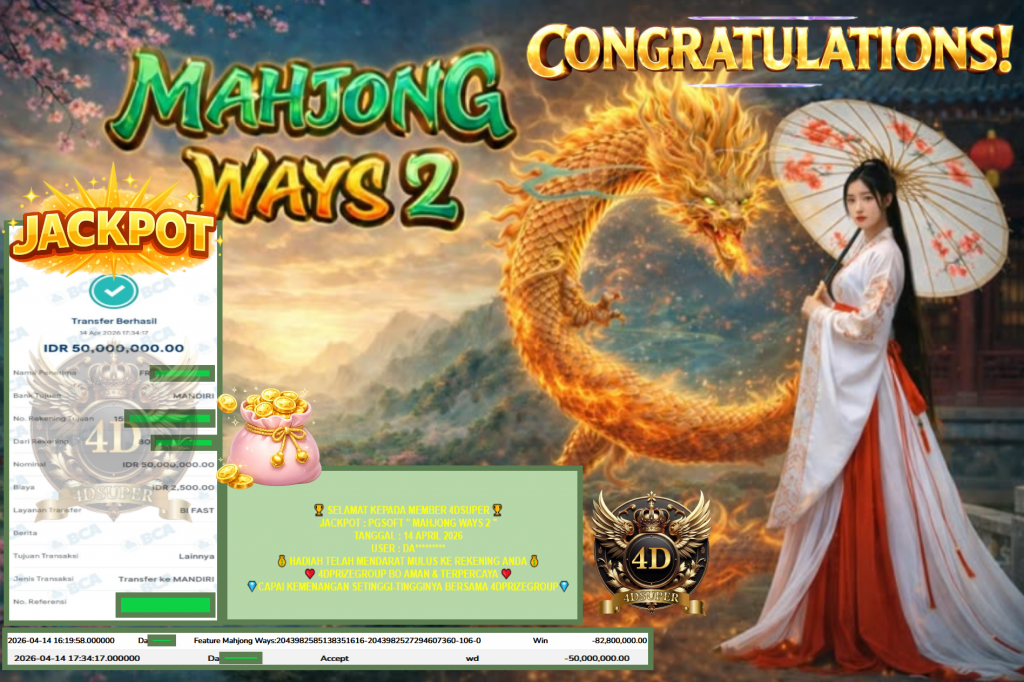 4DSUPER JACKPOT PGSOFT “MAHJONG WAYS 2″‎‏‏‎‎ Rp50.000.000,- LUNAS